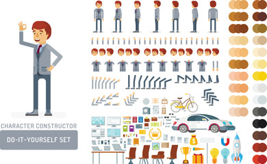 Vector young adult man in business suit do-it-yourself creation kit. Full length, gestures, emotions - all character constructor elements for building your own design for infographic illustrations.