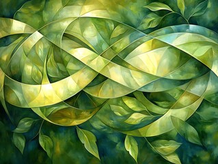 Obraz premium Interwoven ribbons and verdant foliage create an abstract nature artwork