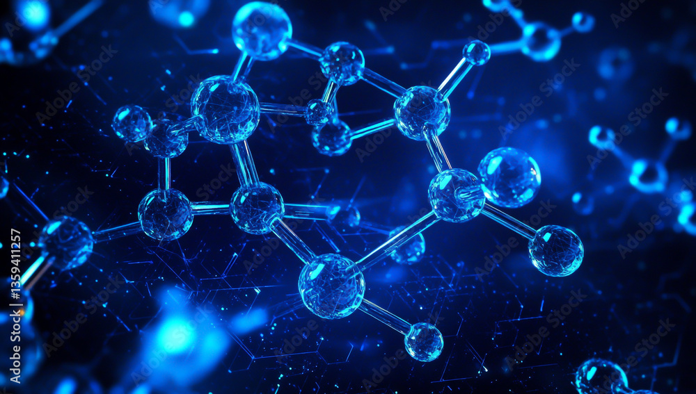 Poster an abstract background with a blue color and a chemical structure or molecular model on a dark backg