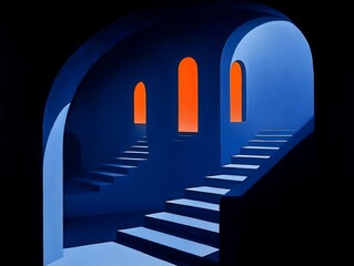 Minimalist architectural composition featuring stairs in blue and orange hues