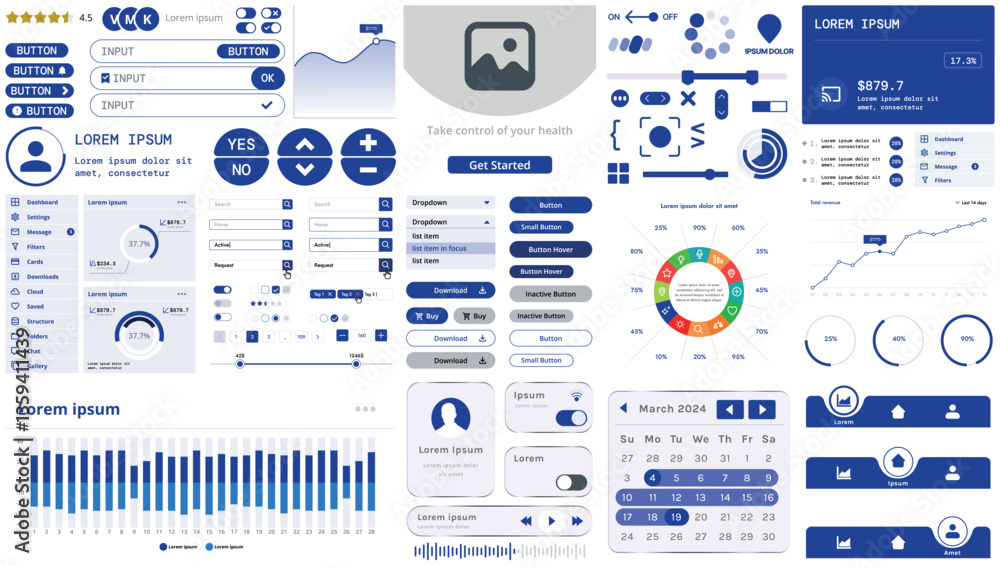 Poster a set of modern interface elements for apps and websites: buttons, graphs, charts, and menus, perfec