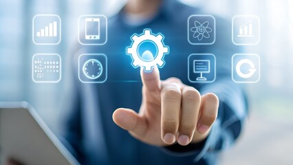 Fototapeta premium Automatic control system with modern technology for business management, businessman hand touching gears icon showing automation software operation