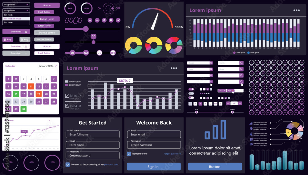 Poster a set of modern interface elements for apps and websites: buttons, graphs, charts, and menus, perfec