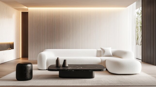 Modern minimalist lounge, white boucle oversized sofa, black stone coffee table, light clay walls, indirect lighting