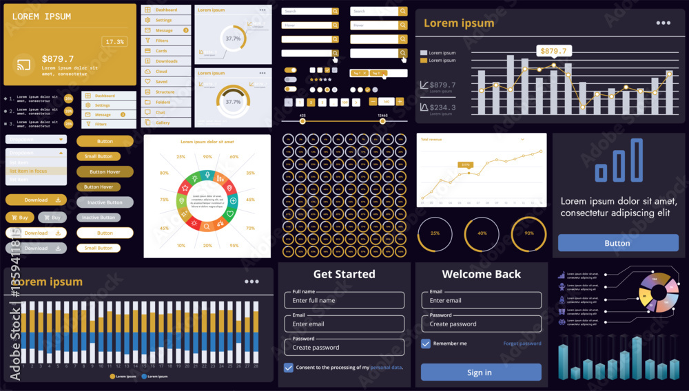 Poster a set of modern interface elements for apps and websites: buttons, graphs, charts, and menus, perfec