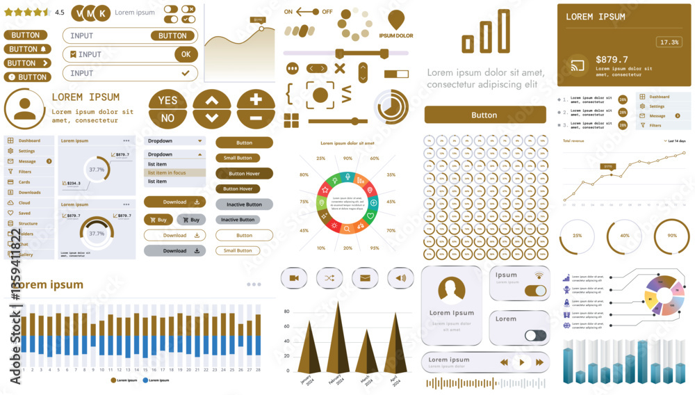 Poster a set of modern interface elements for apps and websites: buttons, graphs, charts, and menus, perfec