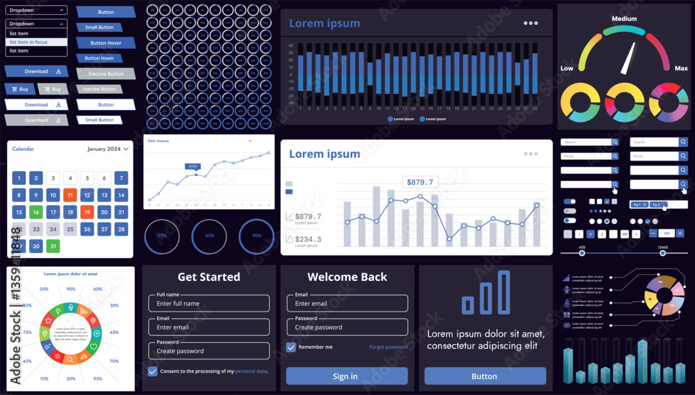 Poster a set of modern interface elements for apps and websites: buttons, graphs, charts, and menus, perfec