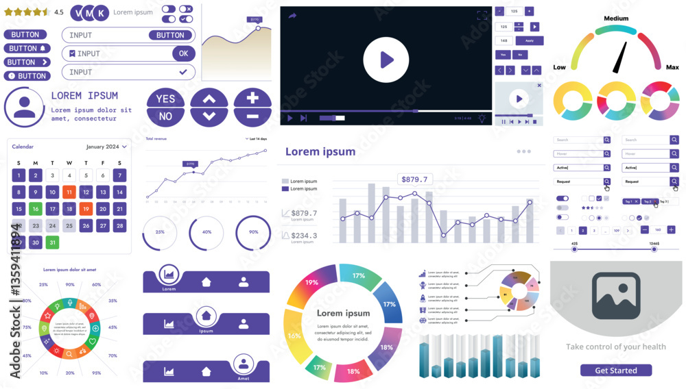 Poster a set of modern interface elements for apps and websites: buttons, graphs, charts, and menus, perfec