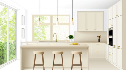 Fototapeta premium Modern Scandinavian kitchen, cream walls, beige gray cabinets, brass handles, soft bar stools, pendant lights, classic framed window
