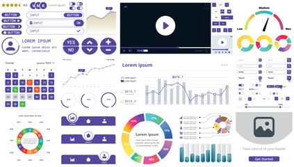 A set of modern interface elements for apps and websites: buttons, graphs, charts, and menus, perfect for business, dashboards, and responsive layouts.