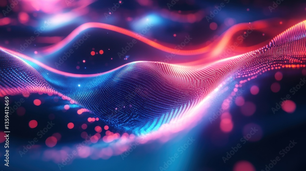 Poster abstract wave of glowing, shimmering blue and red particles. use for tech, science, futurism, or dat