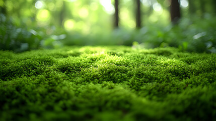Naklejka premium Lush Green Forest Floor: The serene texture of a vibrant green moss-covered forest floor, inviting exploration and encapsulating the essence of tranquility and natural beauty. 