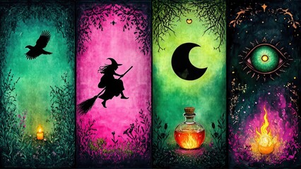colorful illustration of a witch with a potion in a Halloween theme