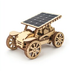 Wooden solar-powered vehicle.  Features a solar panel for energy