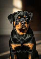 Fototapeta premium Rottweiler Puppy Sitting Attentively – Strong and Loyal Dog Breed