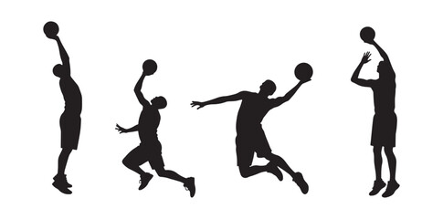 vector silhouettes of people in different position of holding basketball