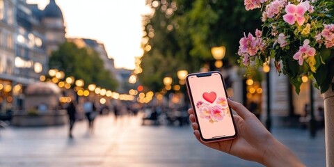 Hand holding a sign with a woman holding a shopping bag in Paris, surrounded by gift cards, poker, and holiday-themed items like ribbons and presents