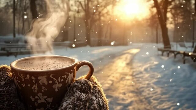 Cozy video background, steaming cup of coffee in winter park during sunset, warmth and relaxation, copy space