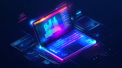 Futuristic Laptop Displaying Data Visualization with Neon Glow Technology, Finance, Coding, and Artificial Intelligence