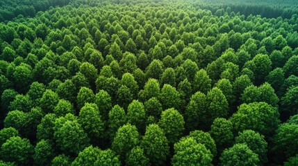 Lush green forest canopy spreading as far as the eye can see under a bright sky, showcasing nature's vibrant beauty and tranquility.