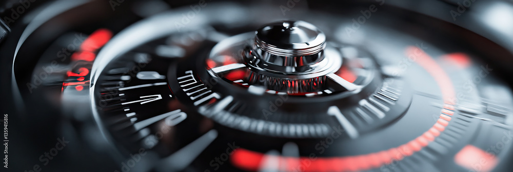 Poster close-up of a chrome and black circular gauge with red markings