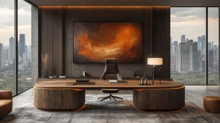 Elegant modern office with sophisticated design, panoramic city views, and a warm artistic ambiance for a professional workspace