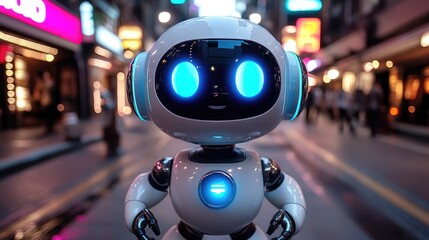 Fototapeta premium Cute and friendly robotic character with glowing blue eyes amidst a lively urban street scene showcasing bright neon lights