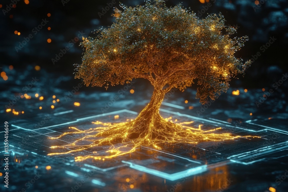 Poster golden glowing tree grows from the modern blue circuit board background. it can be used to show the 