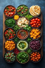 Fototapeta premium Various colorful fresh dishes served in individual ceramic bowls on a board