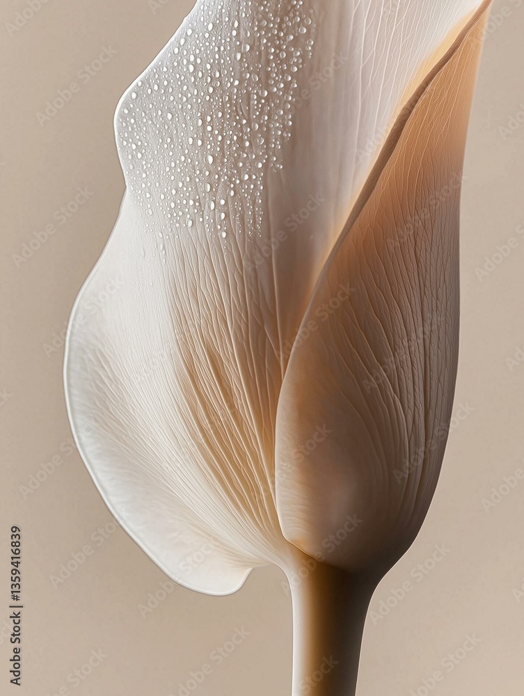 Poster close-up of a white calla lily flower. the petals of the flower are elongated and have a smooth text