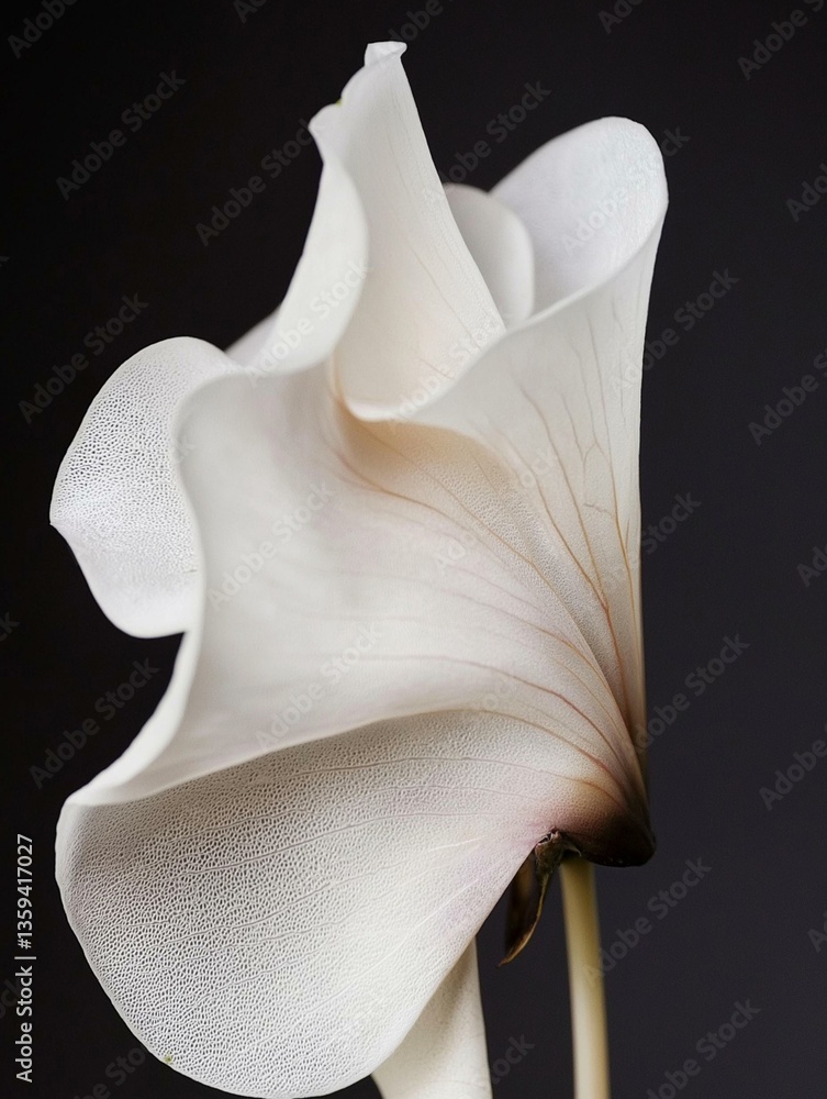 Poster close-up of a white flower with a long stem. the flower has multiple layers of petals that are arran