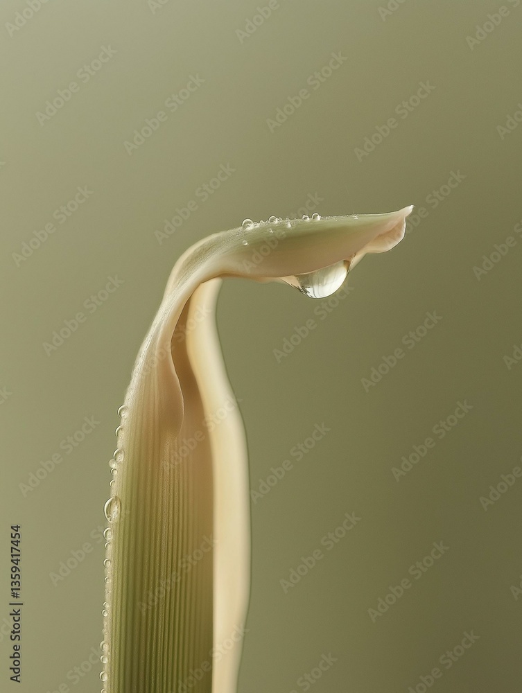 Aufkleber close-up of a single drop of water on the tip of a plant. the drop is in the center of the image, wi
