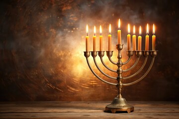 Fototapeta premium Happy Hanukkah! Realistic Menorah, Burning Candles, Festive Holiday Background