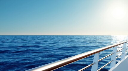 A serene view of calm ocean waters under a bright sky, captured from a boat's railing, evoking tranquility and adventure.