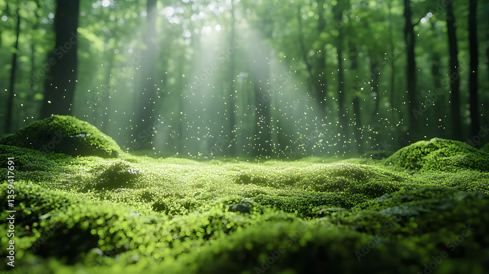 Poster sunlit sanctuary: a tranquil forest bathed in ethereal sunlight, creating a captivating interplay of