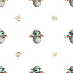 Children's seamless pattern, cute blue dragon in an egg and stars on a white background.