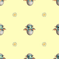 Children's seamless pattern, cute blue dragon in an egg and stars on a yellow background.