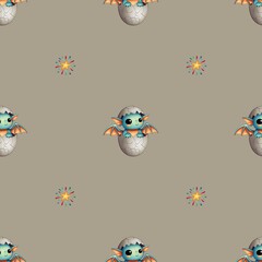 Children's seamless pattern, cute blue dragon in an egg and stars on a brown background.