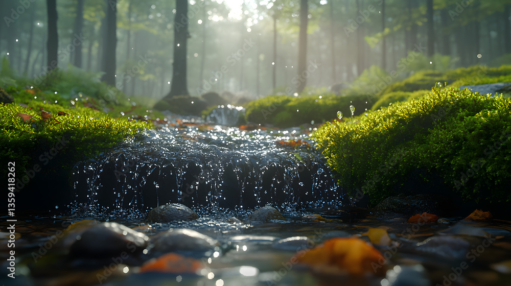 Poster serene stream in lush forest: the image features a crystal-clear stream cascading over moss-covered 