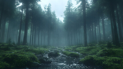 Obraz premium Mystical Forest Trail: An enchanting forest trail leads into a serene, misty, and atmospheric woodland scene, where tall trees create a cathedral-like ambiance. 