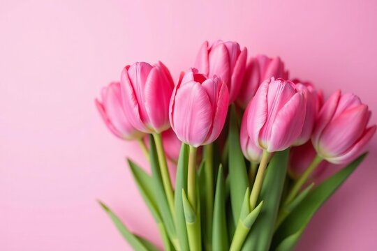 Vibrant bouquet of pink tulips on pastel pink background, bouquet, celebration, spring
