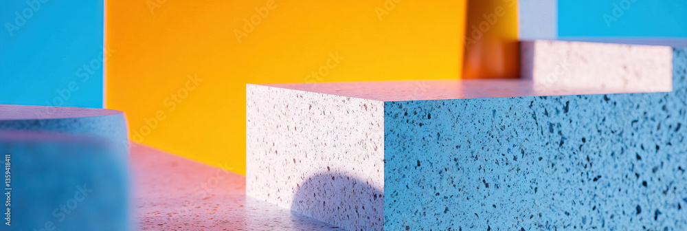 Poster terrazzo display stands with colorful background
