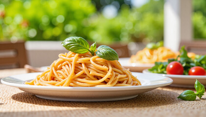 Brightly colored pasta dish on sunny terrace, healthy eating concept