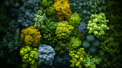 Naklejka premium Aerial Forest: A stunning high-angle view of a vibrant forest canopy, showcasing a diverse range of tree species with a rich tapestry of textures and shades