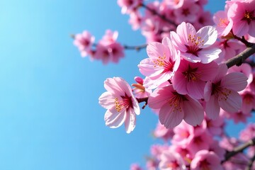 Obraz premium Vibrant cherry tree in full bloom against clear blue sky, isolated, blue sky, cherry tree
