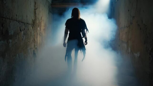 Mysterious silhouette walks through foggy corridor in atmospheric sequence capturing eerie ambiance and dramatic lighting effects
