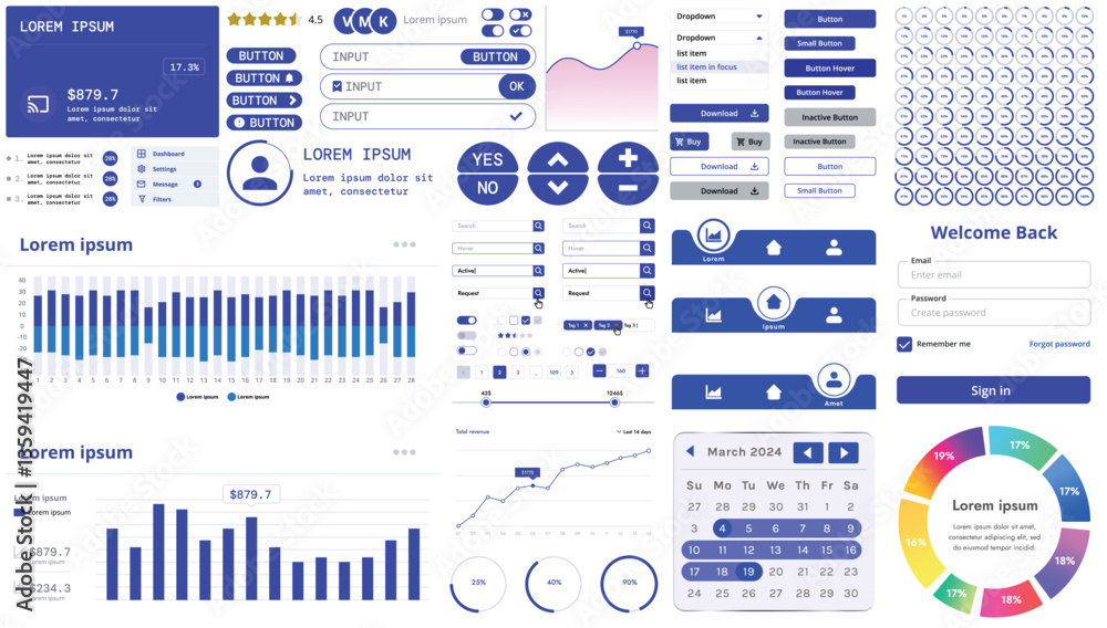 Poster set of modern interface elements for apps and websites: buttons, menus, graphs and charts for busine