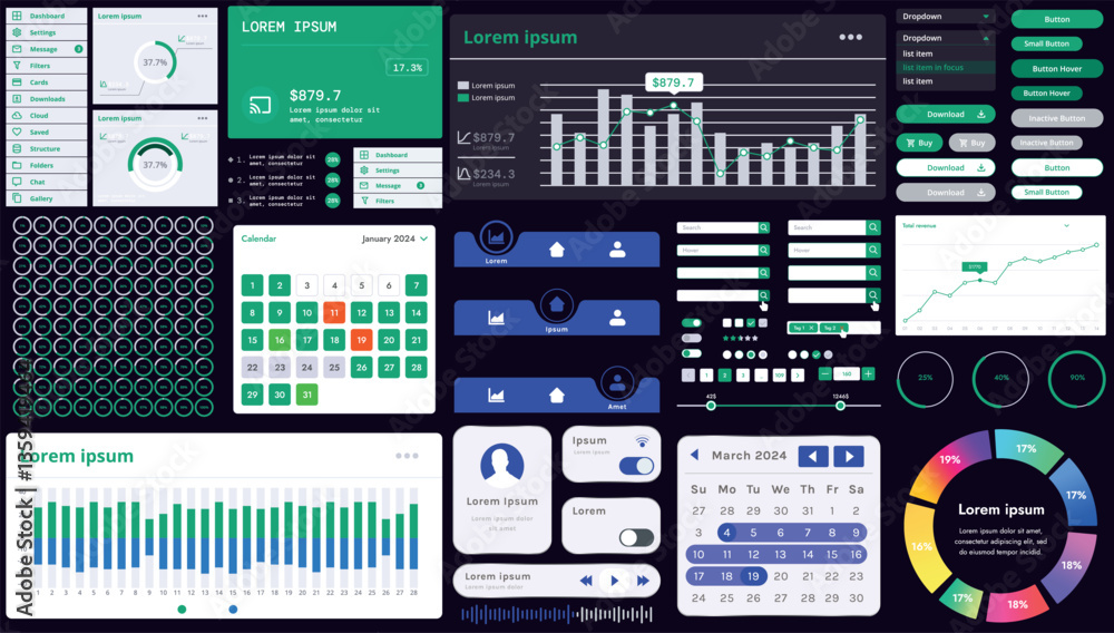 Poster set of modern interface elements for apps and websites: buttons, menus, graphs and charts for busine