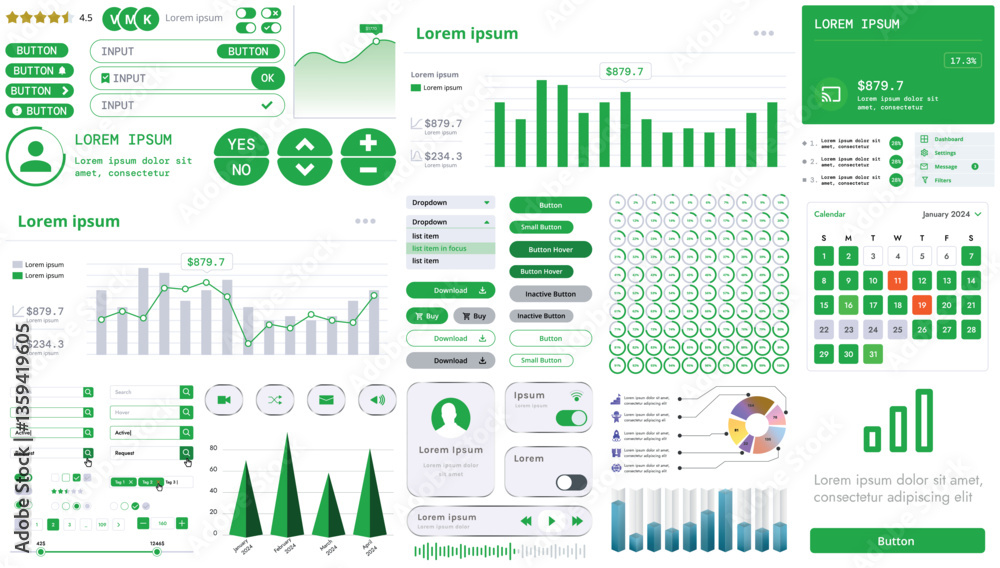 Poster set of modern interface elements for apps and websites: buttons, menus, graphs and charts for busine