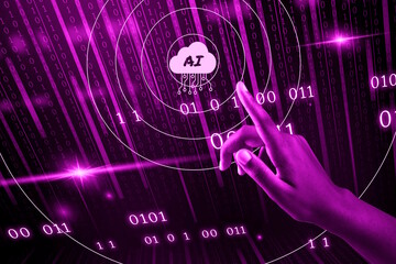 L'index d'une main d'une femme à la peau noire touche l'écran pour utiliser l'intelligence artificielle sur fond de données binaires 